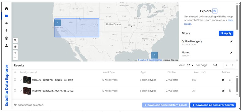 A screen capture of the Satellite Data Explorer showing area of interest, available thumbnail images, imagery type, and vendor.