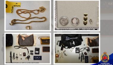 A four-panel police evidence display showing items believed to be recovered property. The top-left image shows two gold-coloured chain necklaces and a ring placed on a white surface beside a yellow evidence marker. The top-right image shows several watches and circular jewellery pieces arranged next to a measurement scale. The bottom-left image displays designer-style handbags, wallets, sunglasses, keys, and multiple wristwatches laid out in rows. The bottom-right image shows additional bags, jewellery, watches, and personal accessories arranged for documentation.
