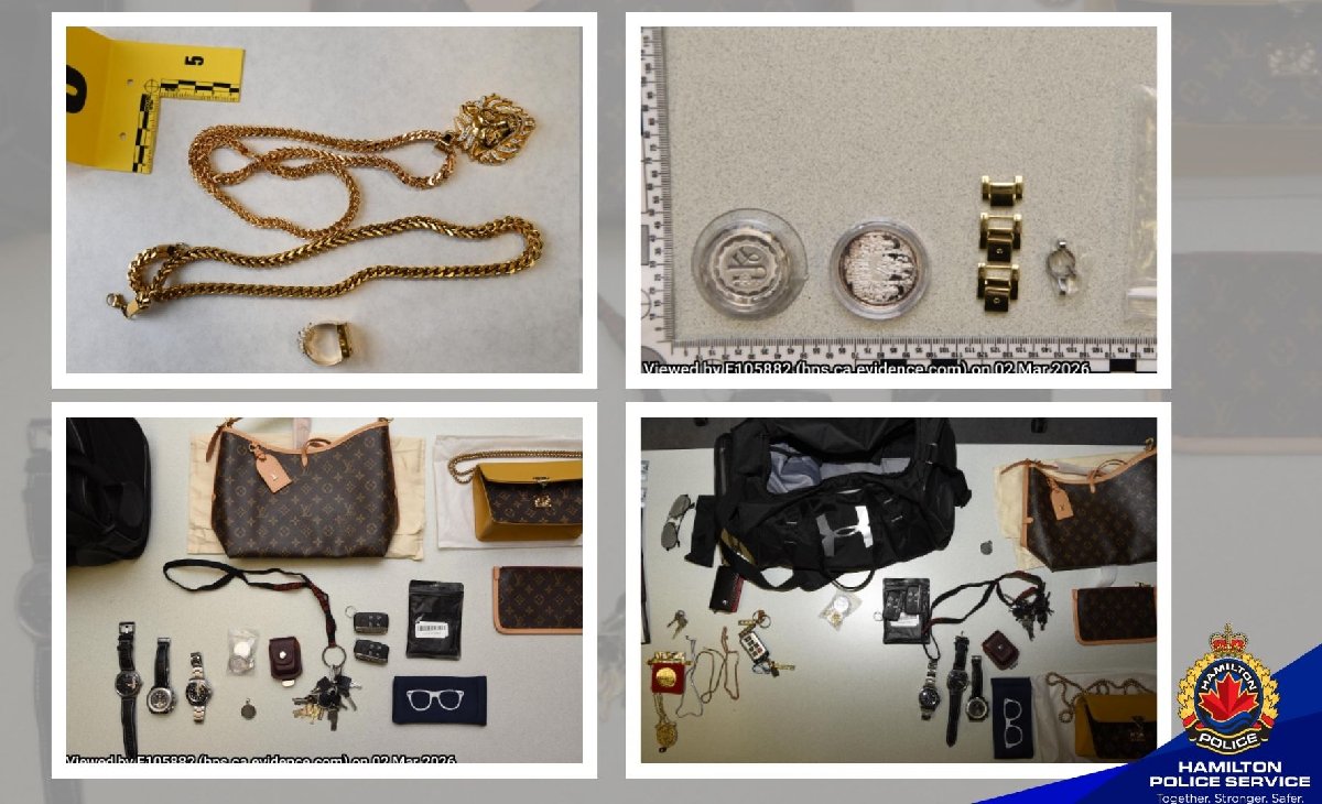 A four-panel police evidence display showing items believed to be recovered property. The top-left image shows two gold-coloured chain necklaces and a ring placed on a white surface beside a yellow evidence marker. The top-right image shows several watches and circular jewellery pieces arranged next to a measurement scale. The bottom-left image displays designer-style handbags, wallets, sunglasses, keys, and multiple wristwatches laid out in rows. The bottom-right image shows additional bags, jewellery, watches, and personal accessories arranged for documentation.