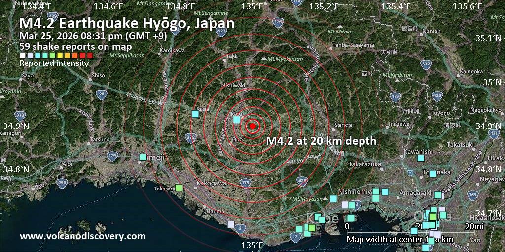 Moderate Mag. 4.1 Earthquake - Hyōgo, 37 km West of Osaka, Osaka, Japan, on Wednesday, Mar 25, 2026, at 08:31 pm (GMT +9)
