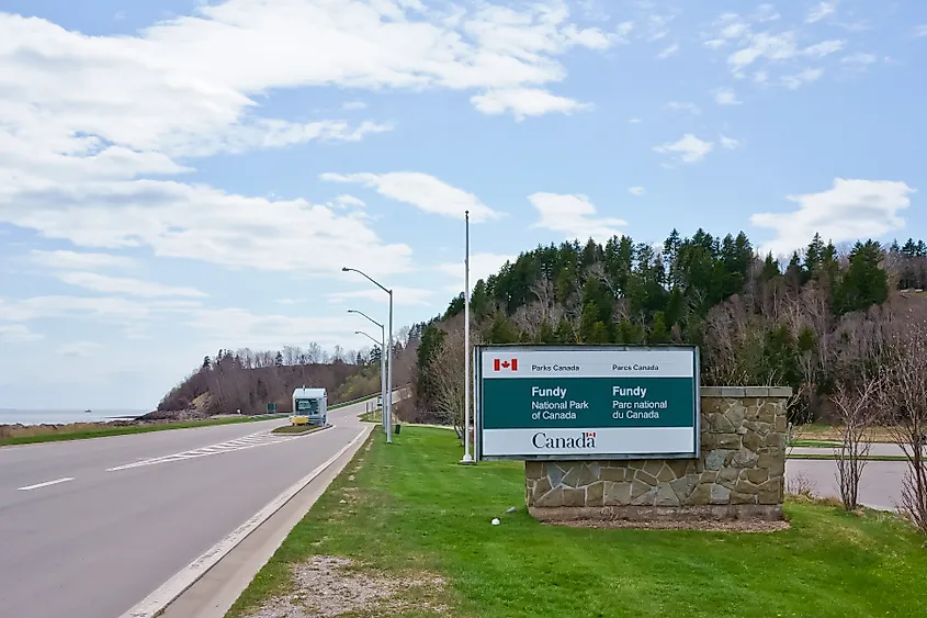 Fundy National Park entrance sign in Alma, New Brunswick, Canada