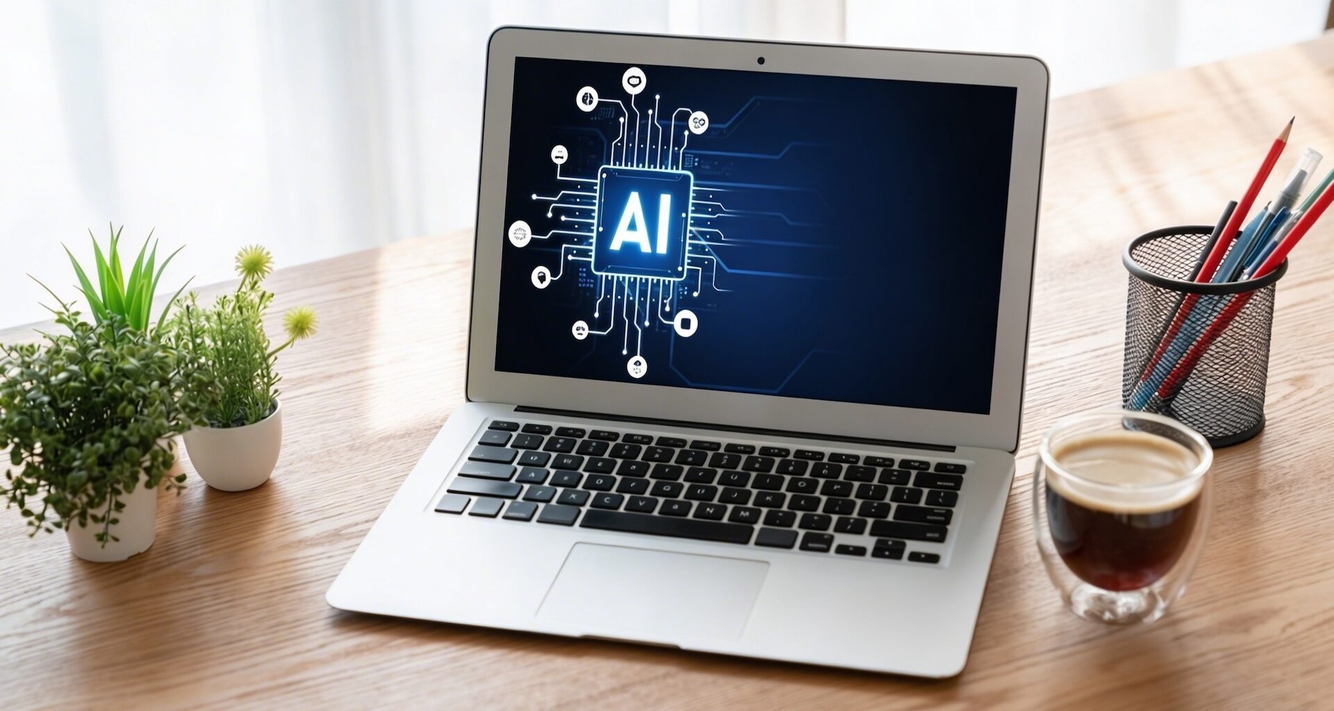 Open laptop on a desk with the holographic word AI on the screen