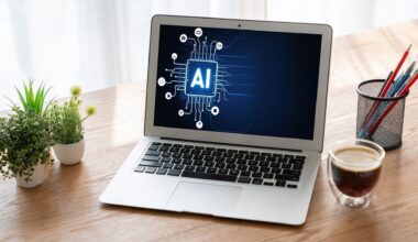 Open laptop on a desk with the holographic word AI on the screen