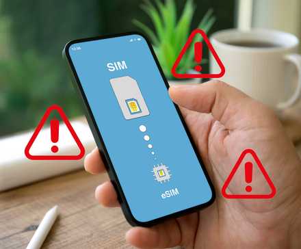 A smartphone displaying a failed eSIM activation, indicated by warning symbols encircling the device.