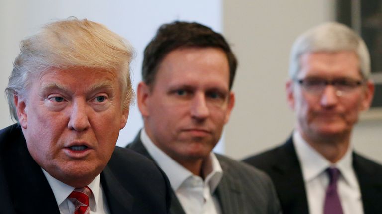 Peter Thiel (centre) with Donald Trump in 2016. File pic: AP