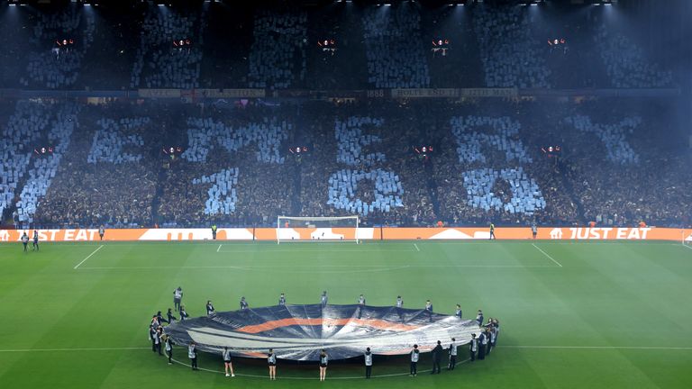 Unai Emery's 100 Aston Villa wins were celebrated with a banner in the Holte End ahead of their game against Lille