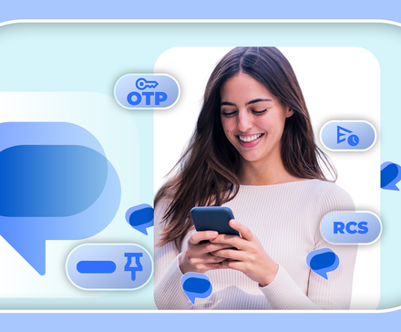 Smiling woman using a smartphone, surrounded by Google Messages icons and feature labels, on a blue-themed background.