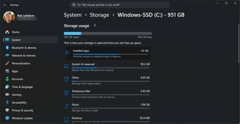 Storage space on Windows PC