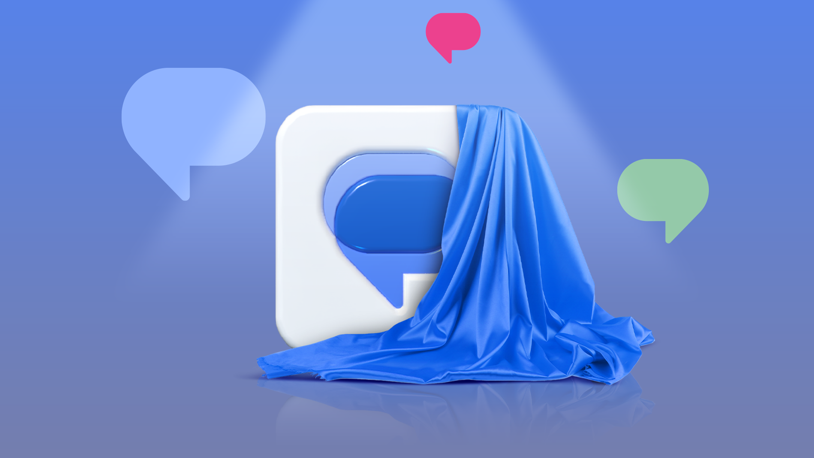 The Google Messages icon partially covered by a blue cloth, surrounded by colorful message bubbles on a blue gradient background