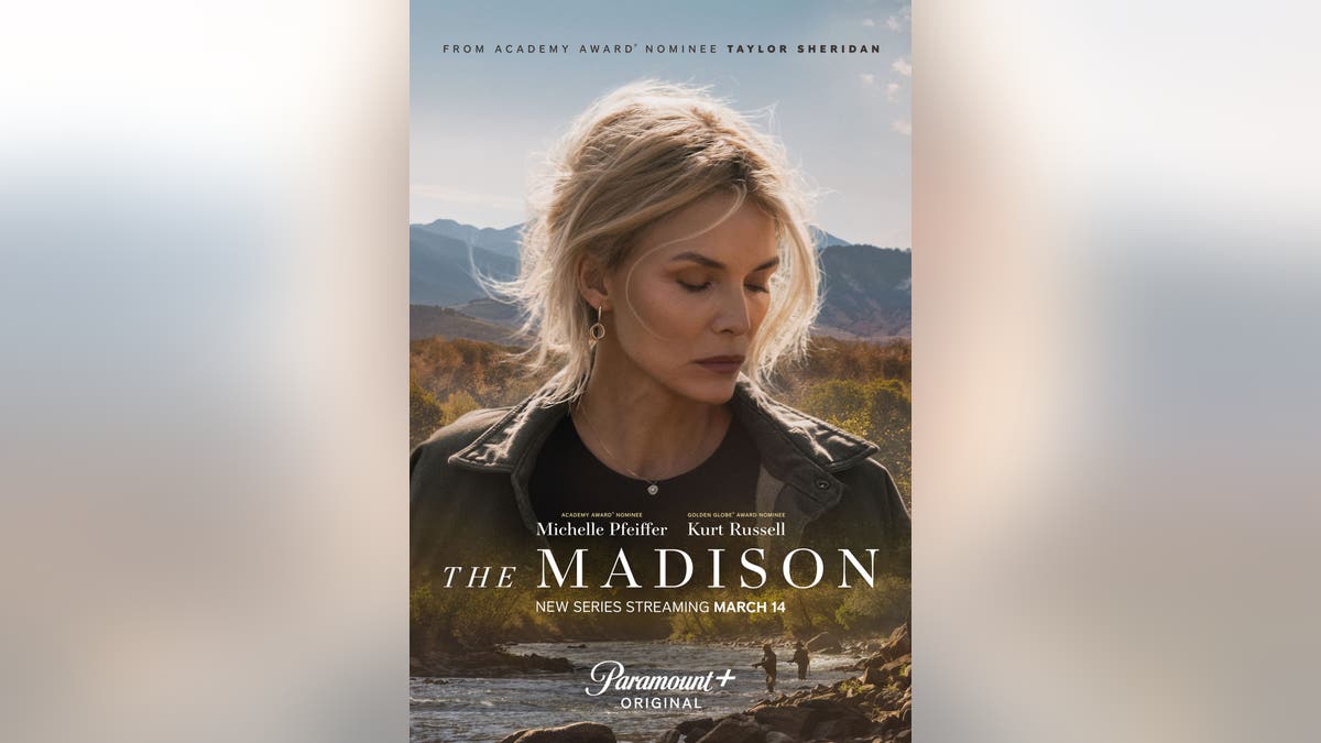 Promotional poster featuring a close-up of Michelle Pfeiffer against a mountainous landscape with a river below for 