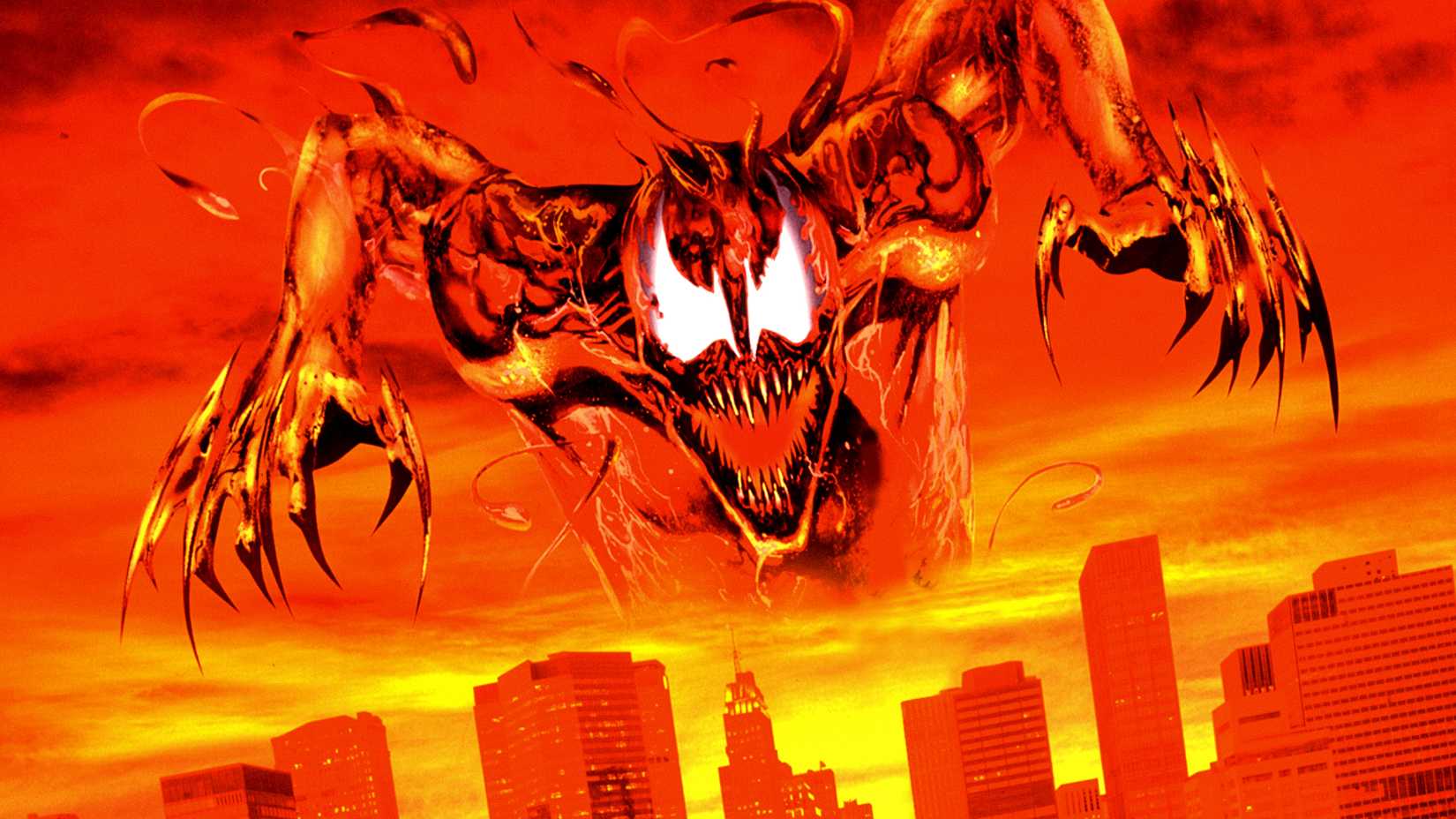The red symbiote towers above a city in Maximum Carnage