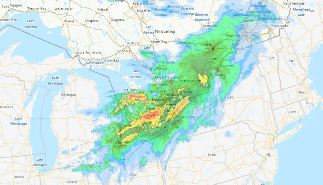 Weather map showing a wintry mix approaching Toronto with snow, sleet, and rain expected on the first day of spring, impacting local conditions and travel.