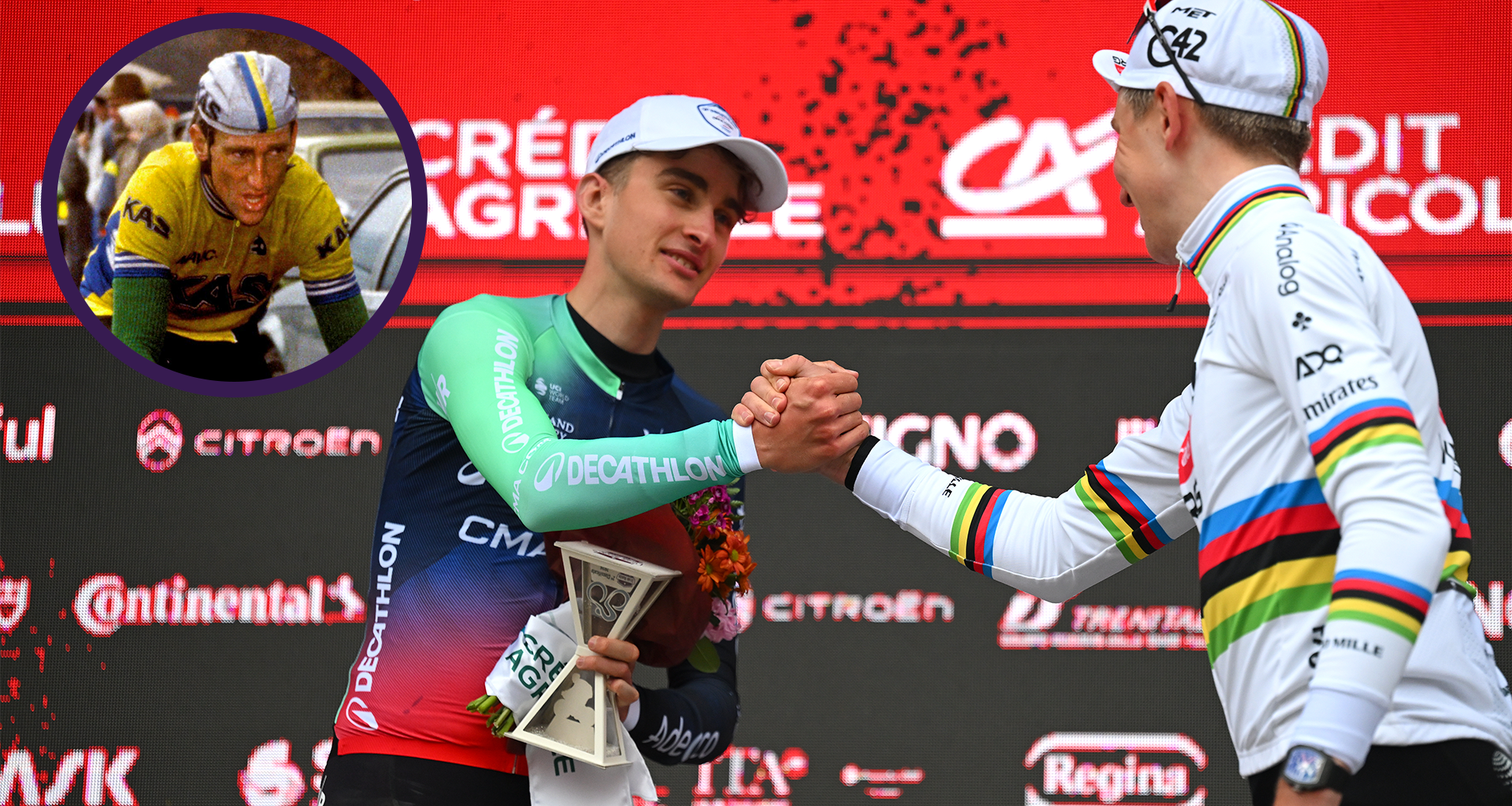 Paul Seixas and Tadej Pogačar, with Sean Kelly circled top left.