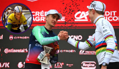 Paul Seixas and Tadej Pogačar, with Sean Kelly circled top left.