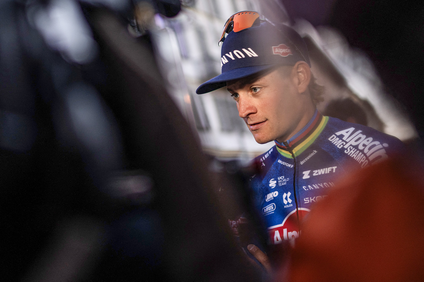 Team Alpecin-Premier Tech Dutch Mathieu van der Poel attends the Teams presentation on the eve of the Milan - Sanremo one-day classic cycling race, in Pavia, on March 20, 2026. (Photo by MARCO BERTORELLO / AFP via Getty Images)