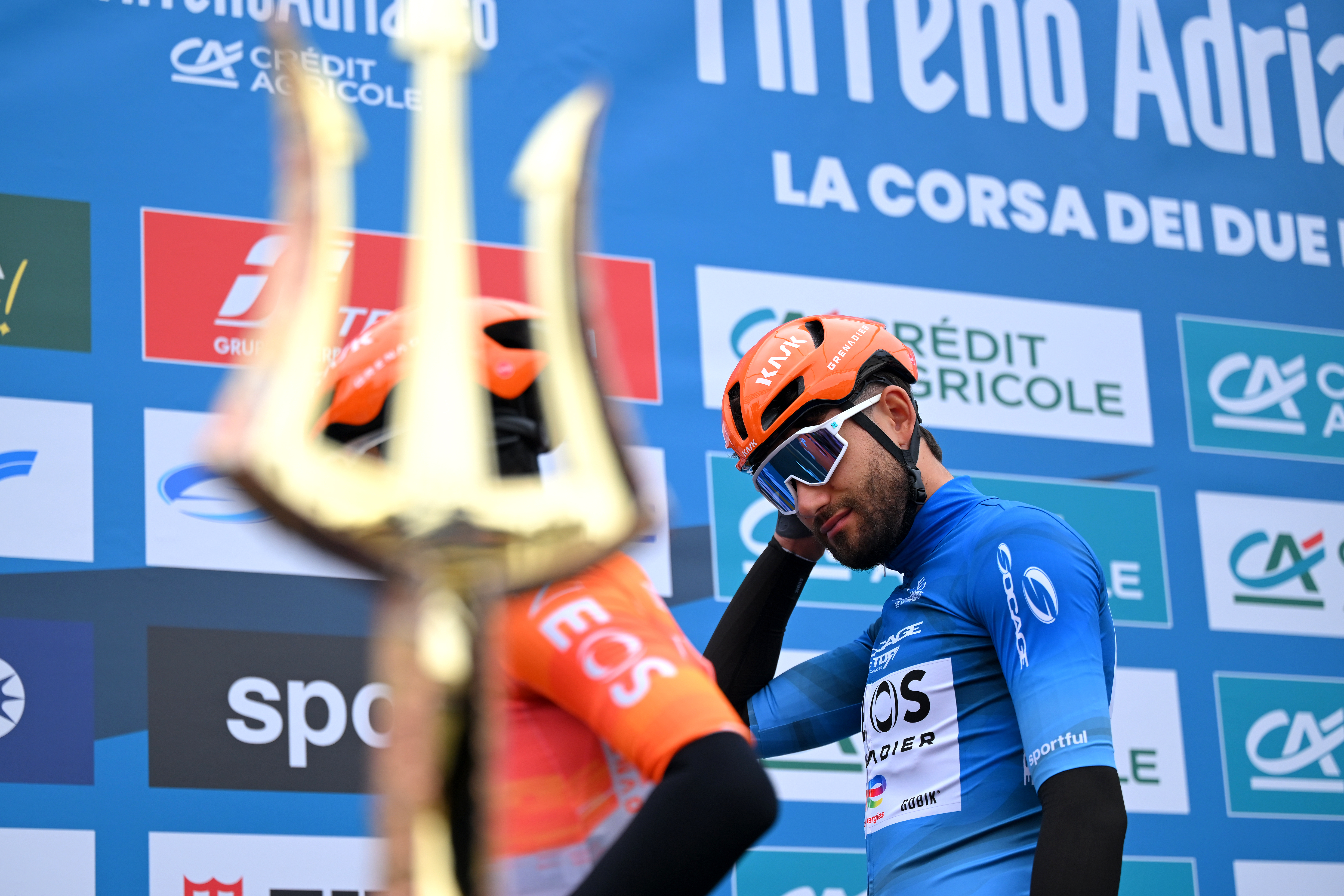 Filippo Ganna in the blue leader's jersey before stage 2 of Tirreno-Adriatico 2026
