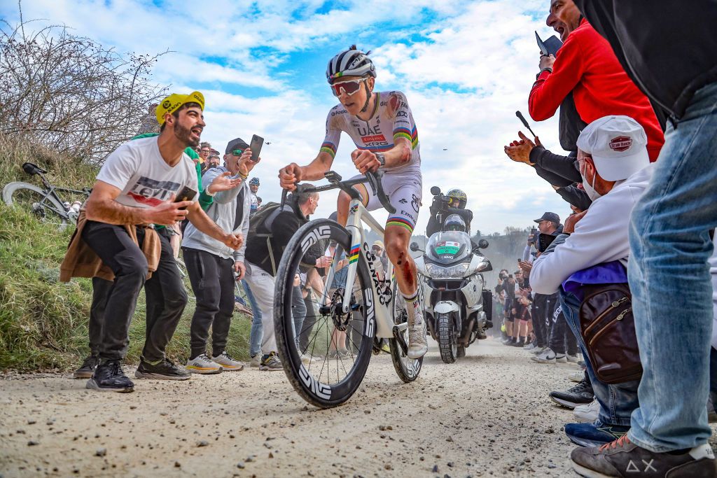 Tadej Pogacar of Slovenia and UAE Team Emirates rides the last uphill pass during the 19th Strade Bianche 2025, Elite Men, in Siena, Italy, on March 8, 2025. (Photo by Paolo Giuliani/NurPhoto)
