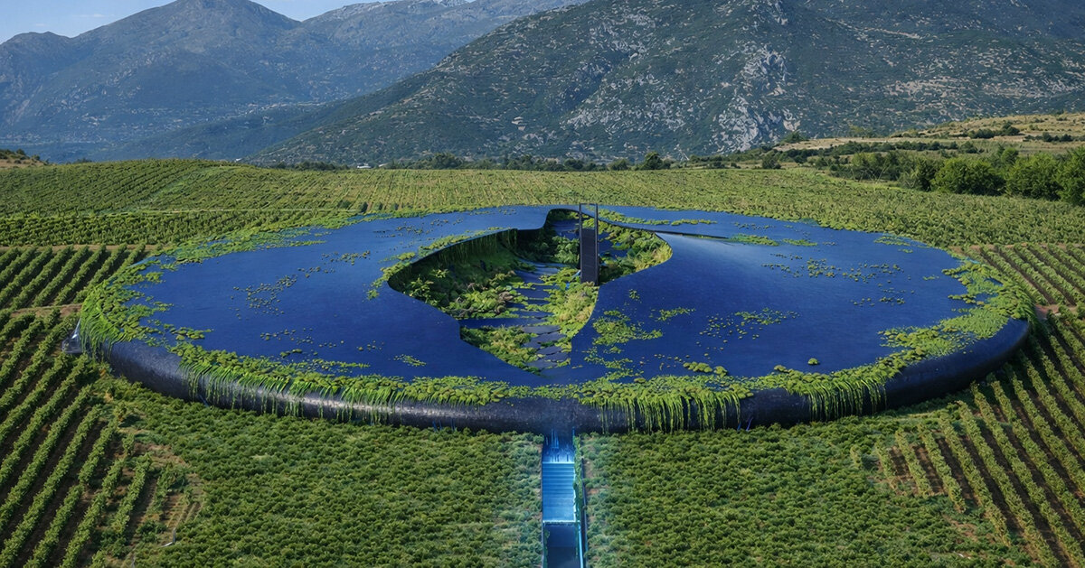 ufo-like winery by 314 architecture studio appears half buried in greek vineyards