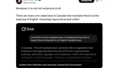An image of a post by Elon Musk reads 'Moreover, it is not reciprocal at all. There are many one-sided laws in Canada that mandate French at the expense of English. Extremely hypocritical and unfair!' along with a link to Grok