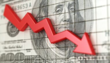 A downward-moving red arrow overlaid on U.S. currency.