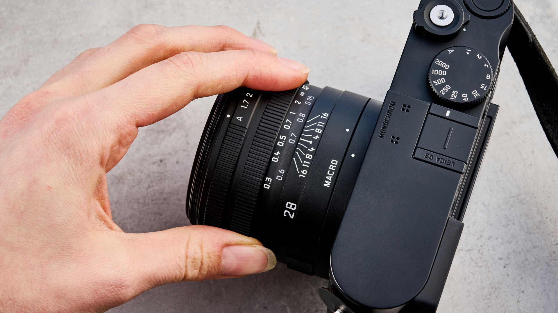 A Leica Q3 Monochrom mirrorless camera