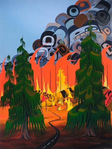 Future Geographies: Art in the Century of Climate Change at VAG is looks at the climate crisis in more than 35 pieces ranging from large-scale video installations to living sculptures. Pictured: Lawrence Paul Yuxweluptun Lets'lo:tseltun, The Impending Firestorms, 2024, acrylic on canvas, Collection of the Vancouver Art Gallery, Acquisition Fund.