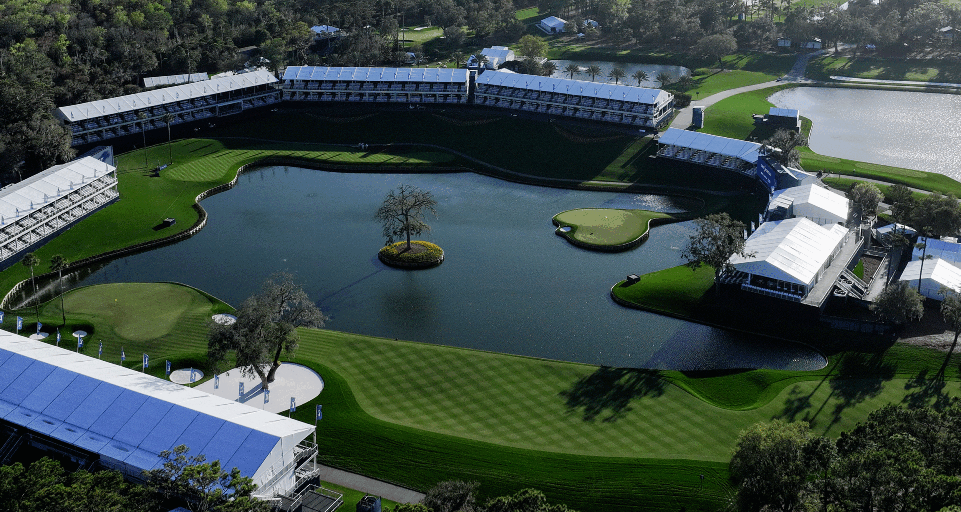 An aerial view of TPC Sawgrass' 16th, 17th and 18th holes ahead of The Players in 2026