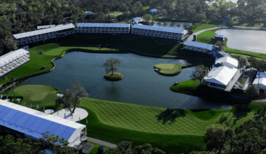 An aerial view of TPC Sawgrass' 16th, 17th and 18th holes ahead of The Players in 2026