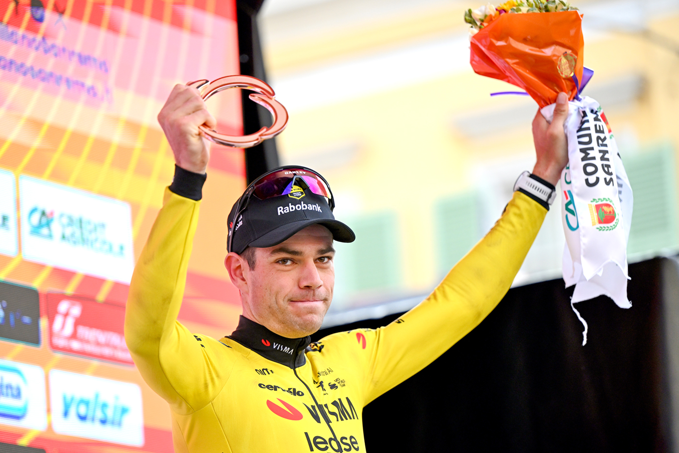 SANREMO, ITALY - MARCH 21: Wout van Aert of Belgium and Team Visma | Lease a Bike celebrates at podium as third place winner during the 117th Milano-Sanremo 2026, Men's Elite a 298km one day race from Pavia to Sanremo / #UCIWT / on March 21, 2026 in Sanremo, Italy. (Photo by Dario Belingheri/Getty Images)