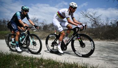 UAE Team Emirates's Slovenian Tadej Pogacar rides during the 20th one-day classic 'Strade Bianche' (White Roads) men's cycling race between Siena and Siena in Tuscany on March 7, 2026. (Photo by Marco BERTORELLO / AFP)