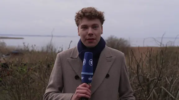 NDR Reporter Marek Walde berichtet von der Wismarer Bucht, wo am Sonnabend der verirrte Buckelwal erneut gestrandet ist. | Screenshot/NDR NDR Reporter Marek Walde berichtet von der Wismarer Bucht, wo am Sonnabend der verirrte Buckelwal erneut gestrandet ist.