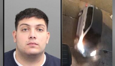 split image shows two visuals related to a police investigation. On the left is a close-up portrait of a young adult male with short dark hair, a neutral expression, and no visible facial hair, facing directly toward the camera against a plain background. On the right is a surveillance-style image of a light-coloured SUV or pickup truck at night, viewed from above, with headlights on as it moves along a driveway or narrow roadway.