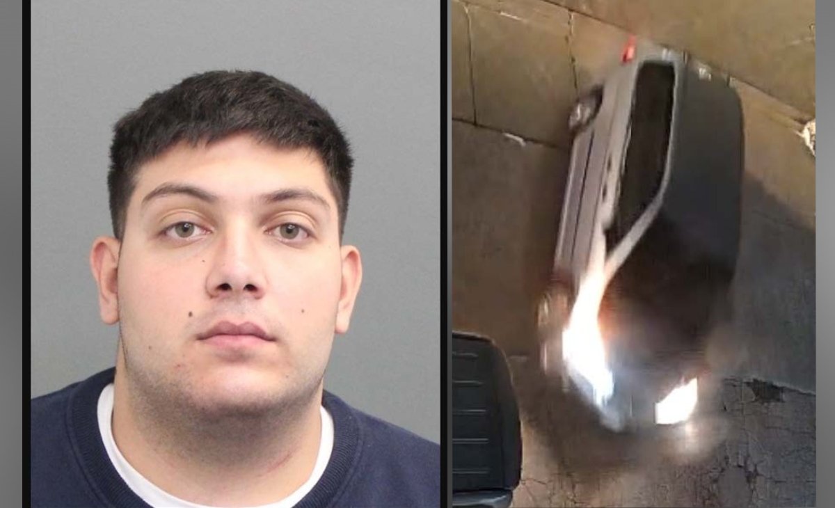 split image shows two visuals related to a police investigation. On the left is a close-up portrait of a young adult male with short dark hair, a neutral expression, and no visible facial hair, facing directly toward the camera against a plain background. On the right is a surveillance-style image of a light-coloured SUV or pickup truck at night, viewed from above, with headlights on as it moves along a driveway or narrow roadway.