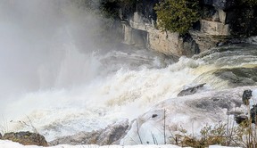 Fast-flowing water rushes over Inglis Falls on Saturday, March 7, 2026. Greg Cowan/The Sun Times