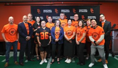 BC Lions officials, guests and Orange Shirt Day game sponsors at the CFL team's Surrey training facility on Tuesday, Sept. 16, 2025.
