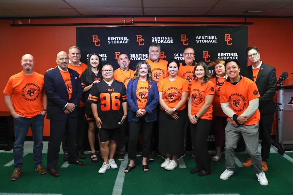 BC Lions officials, guests and Orange Shirt Day game sponsors at the CFL team's Surrey training facility on Tuesday, Sept. 16, 2025.