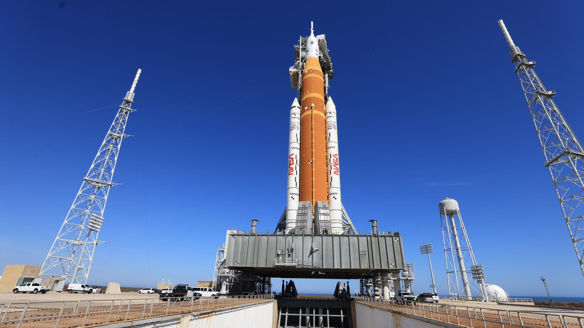 NASA&rsquo;s Artemis II SLS rocket and Orion spacecraft stand vertical on mobile launcher 1 at Launch Complex 39B at NASA&rsquo;s Kennedy Space Center in Florida on Feb. 10, 2026.&nbsp;