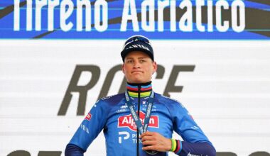MARTINSICURO, ITALY - MARCH 12: Mathieu van der Poel of Netherlands and Team Alpecin-Premier Tech celebrates at podium as stage winner during the 61st Tirreno-Adriatico 2026, Stage 4 a 213km stage from Tagliacozzo to Martinsicuro / #UCIWT / on March 12, 2026 in Martinsicuro, Italy. (Photo by Tim de Waele/Getty Images)