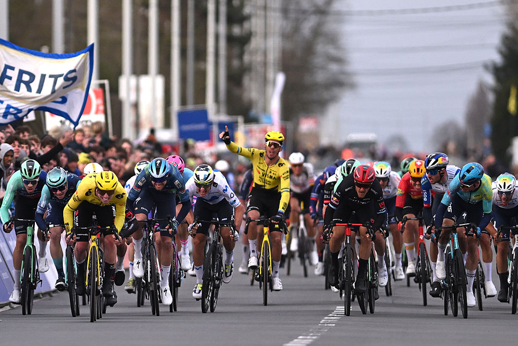 KUURNE, BELGIUM - MARCH 01: A general view of Matthew Brennan of Great Britain and Team Visma | Lease a Bike, Luca Mozzato of Italy, Matteo Trentin of Italy and Team Tudor Pro Cycling, Matevz Govekar of Slovenia and Team Bahrain - Victorious, Mike Teunissen of Netherlands and Team XDS Astana, Laurenz Rex of Belgium and Team Soudal Quick-Step sprint at finish line during the 78th Kuurne - Brussel - Kuurne 2026 a 194.9km one day race from Kortrijk to Kuurne on March 01, 2026 in Kuurne, Belgium. (Photo by Luc Claessen/Getty Images)