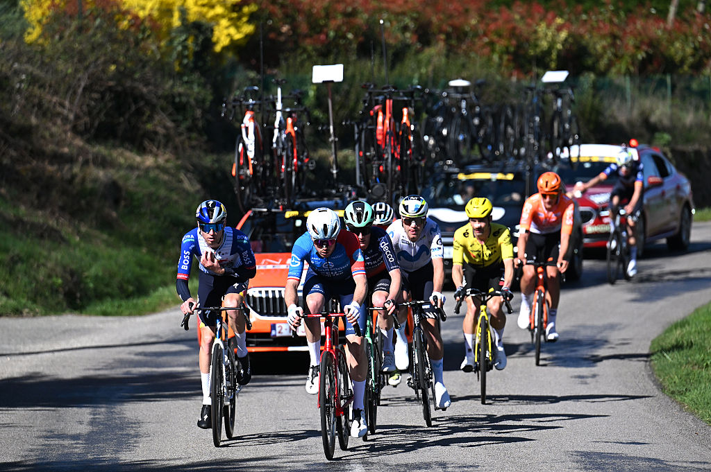 COLOMBIER-LE-VIEUX, FRANCE - MARCH 12: (L-R) Aleksandr Vlasov of Russia and Team Red Bull - BORA - hansgrohe and Remi Cavagna of France and Team Groupama - FDJ United compete in the breakaway during the 84th Paris-Nice 2026, Stage 5 a 206.3km stage from Cormoranche-sur-Saone to Colombier-le-Vieux 422m / #UCIWT / on March 12, 2026 in Colombier-le-Vieux, France. (Photo by Szymon Gruchalski/Getty Images)