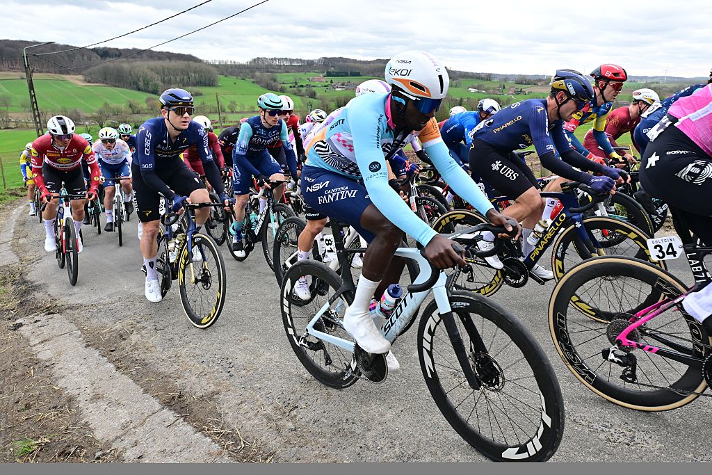 Eritrea's Biniam Girmay of NSN Cycling Team pictured in action during the 78th edition of the men elite race of the Kuurne-Brussels-Kuurne one day cycling race, 195 km from Kuurne to Kuurne via Brussels, Sunday 01 March 2026. BELGA PHOTO DIRK WAEM (Photo by DIRK WAEM / BELGA MAG / Belga via AFP)