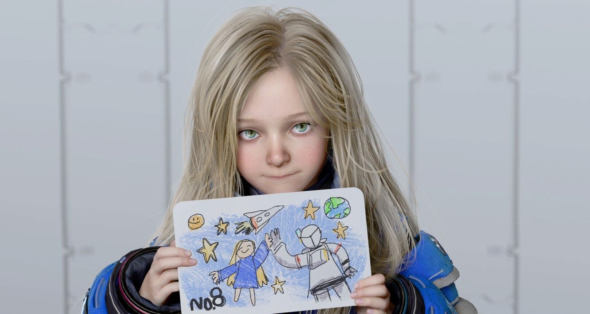 Pragmata sketchbook demo Diana holding up a drawing