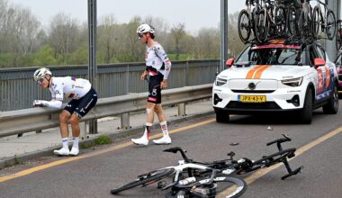 SANREMO, ITALY - MARCH 21: (L-R) Orluis Aular of Venezuela and Team Movistar and Jan Christen of Switzerland and UAE Team Emirates - XRG react after crash during the 117th Milano-Sanremo 2026, Men&amp;apos;s Elite a 298km one day race from Pavia to Sanremo / #UCIWT / on March 21, 2026 in Sanremo, Italy. (Photo by Dario Belingheri/Getty Images)