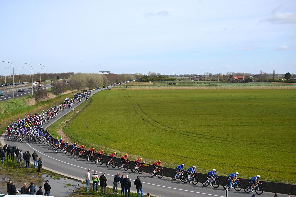 WEVELGEM, BELGIUM - MARCH 29: A general view of the peloton competing during the 88th In Flanders Fields - From Middelkerke to Wevelgem 2026 - Men&amp;amp;apos;s Elite a 240.8km one day race from Middelkerke to Wevelgem / #UCIWT / on March 29, 2026 in Wevelgem, Belgium. (Photo by Tim de Waele/Getty Images)