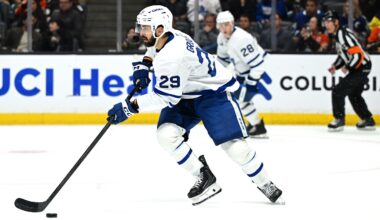 Mar 30, 2026; Anaheim, California, USA; Toronto Maple Leafs center Bo Groulx (29) skates with the puck against the Anaheim Ducks during the second period at Honda Center. Mandatory Credit: Griffin Hooper-Imagn Images