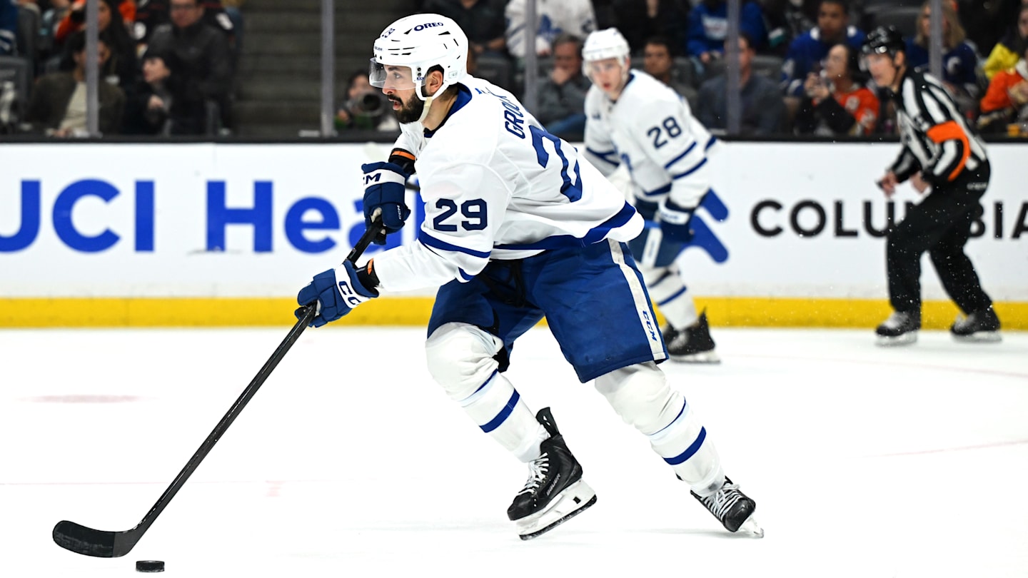 Mar 30, 2026; Anaheim, California, USA; Toronto Maple Leafs center Bo Groulx (29) skates with the puck against the Anaheim Ducks during the second period at Honda Center. Mandatory Credit: Griffin Hooper-Imagn Images