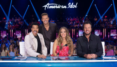 Lionel Richie, Ryan Secrest, Carrie Underwood, and Luke Bryan on American Idol.