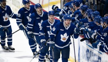 Carl Dahlstr  m celebrates his goal for the Toronto Marlies with his teammates at the Adirondack Bank Center in Utica on Friday, May 5, 2023. Toronto defeated Utica 4-1, eliminating the Comets from the playoffs.