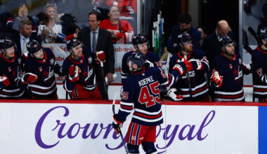 Jan 24, 2026; Winnipeg, Manitoba, CAN; Winnipeg Jets forward Cole Koepke (45) is congratulated by his teammates on his goal against the Detroit Red Wings during the second period at Canada Life Centre. Mandatory Credit: Terrence Lee-Imagn Images