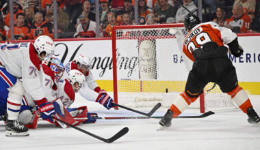 Apr 14, 2026; Philadelphia, Pennsylvania, USA; Philadelphia Flyers right wing Matvei Michkov (39) scores a goal against the Montréal Canadiens during the second period at Xfinity Mobile Arena. Mandatory Credit: Eric Hartline-Imagn Images